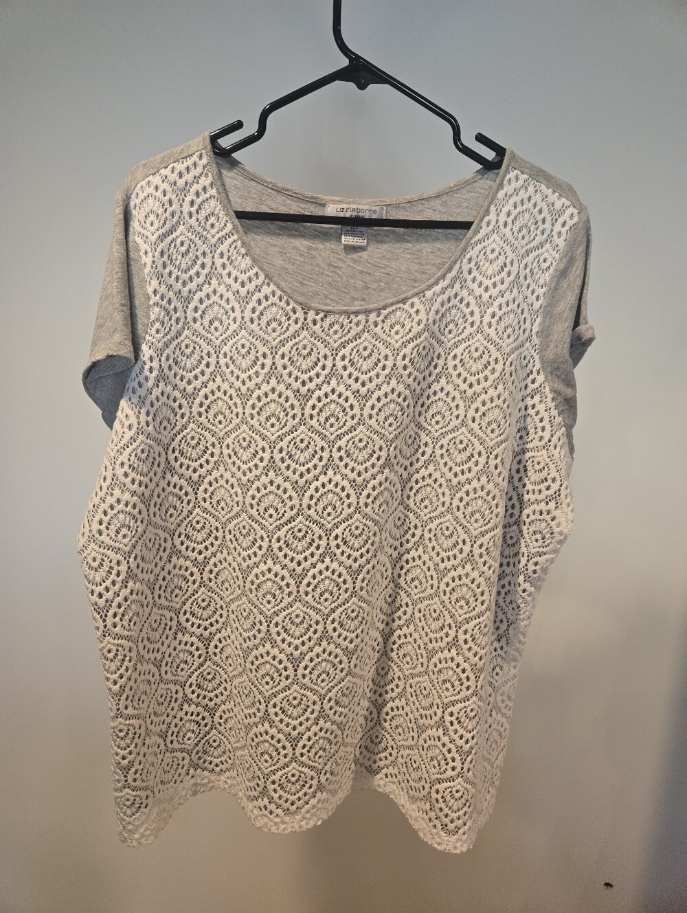 Liz Claiborne Gray Tee with White Crochet Front - Women's Top